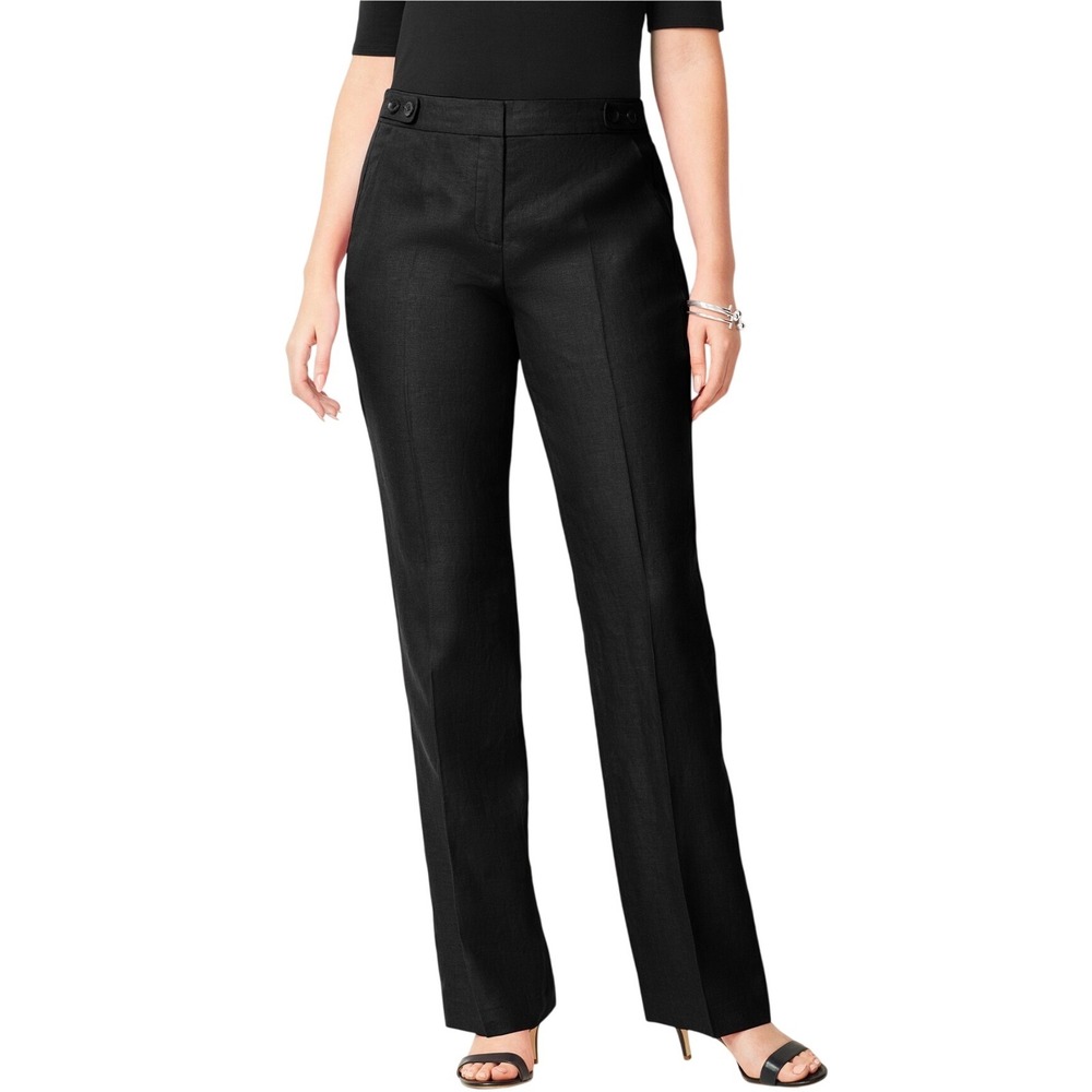 B4 Talbots Black Linen Blend Curvy Wide Leg Trousers Pants 12 High Rise